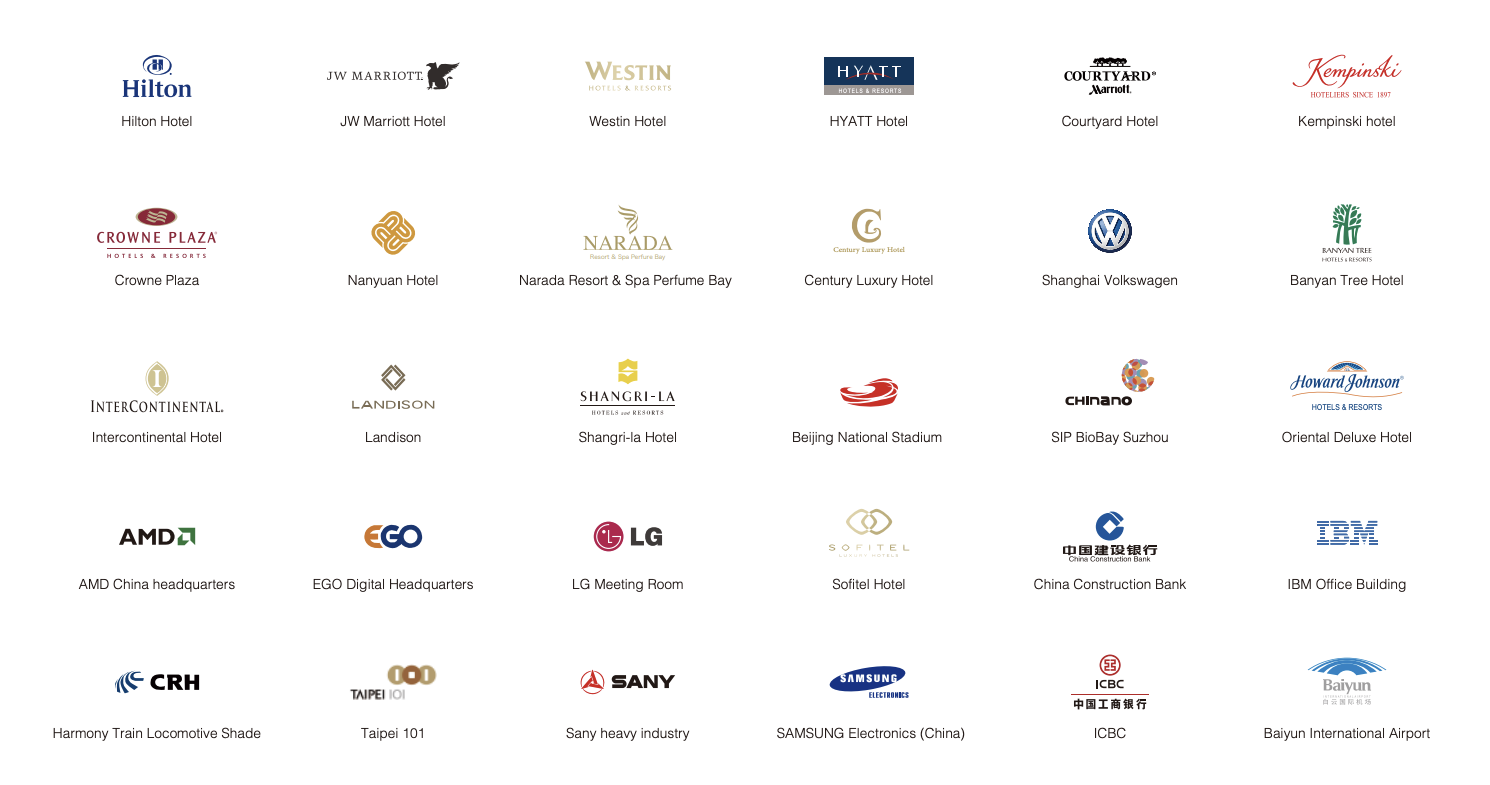 Bolt Motors project references: Hilton, JW Marriott, Westin, Hyatt, Kempinski, InterContinental, Shangri-La, Sofitel, Taipei 101, Beijing National Stadium and more